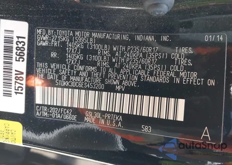 2014 Toyota Sienna Le V6 8 Passenger z USA, uszkodzony, nr VIN 5TDKK3DC6ES453200